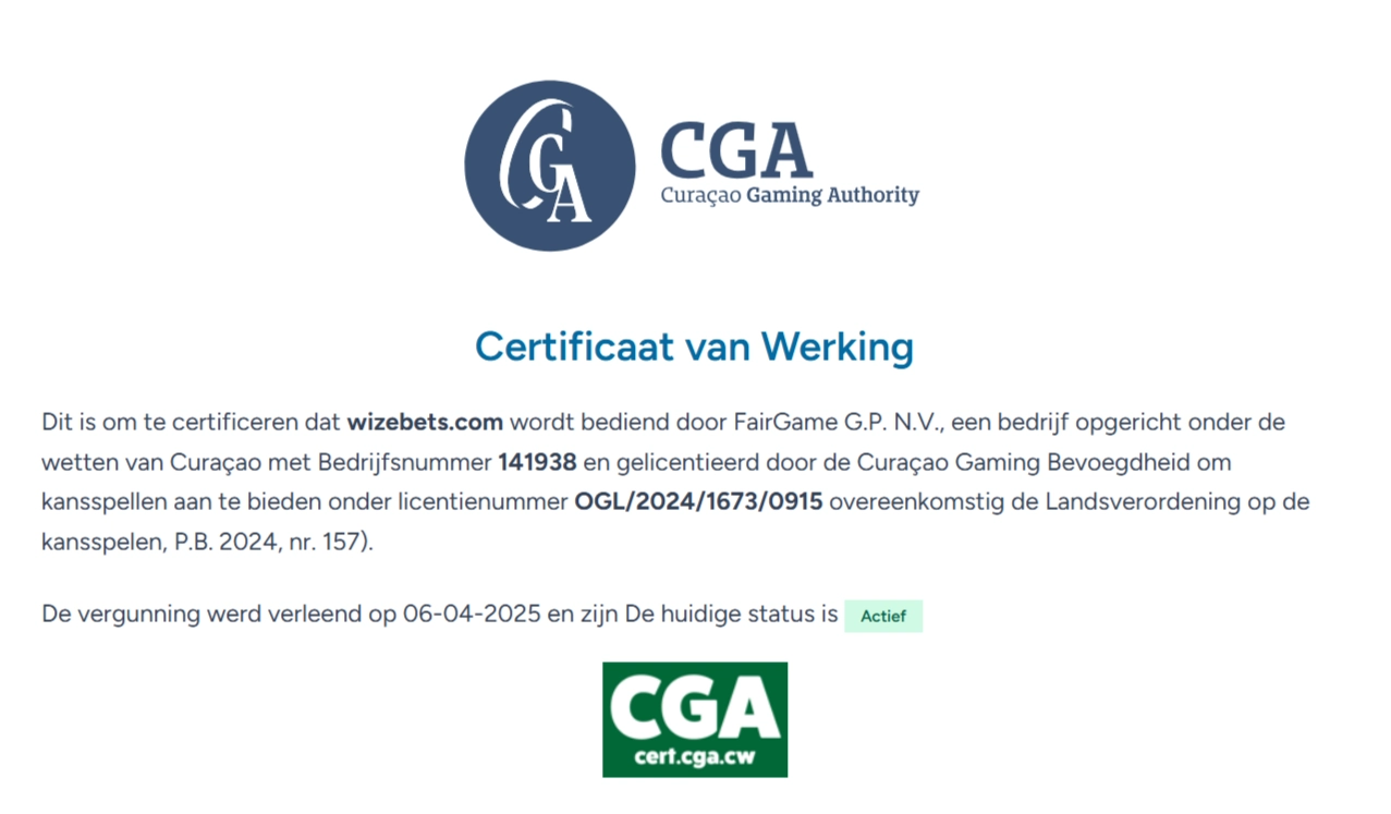 CGA-certificaat voor Wizebets en FairGame G.P. N.V.