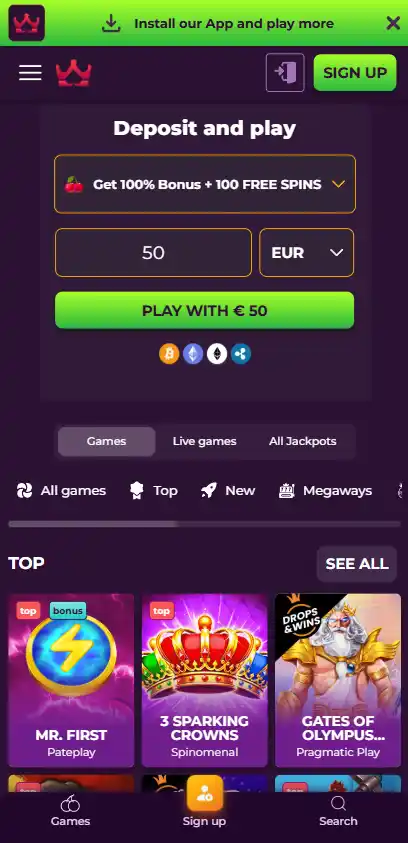 Actuele Wizebets-interface in een mobiele browser