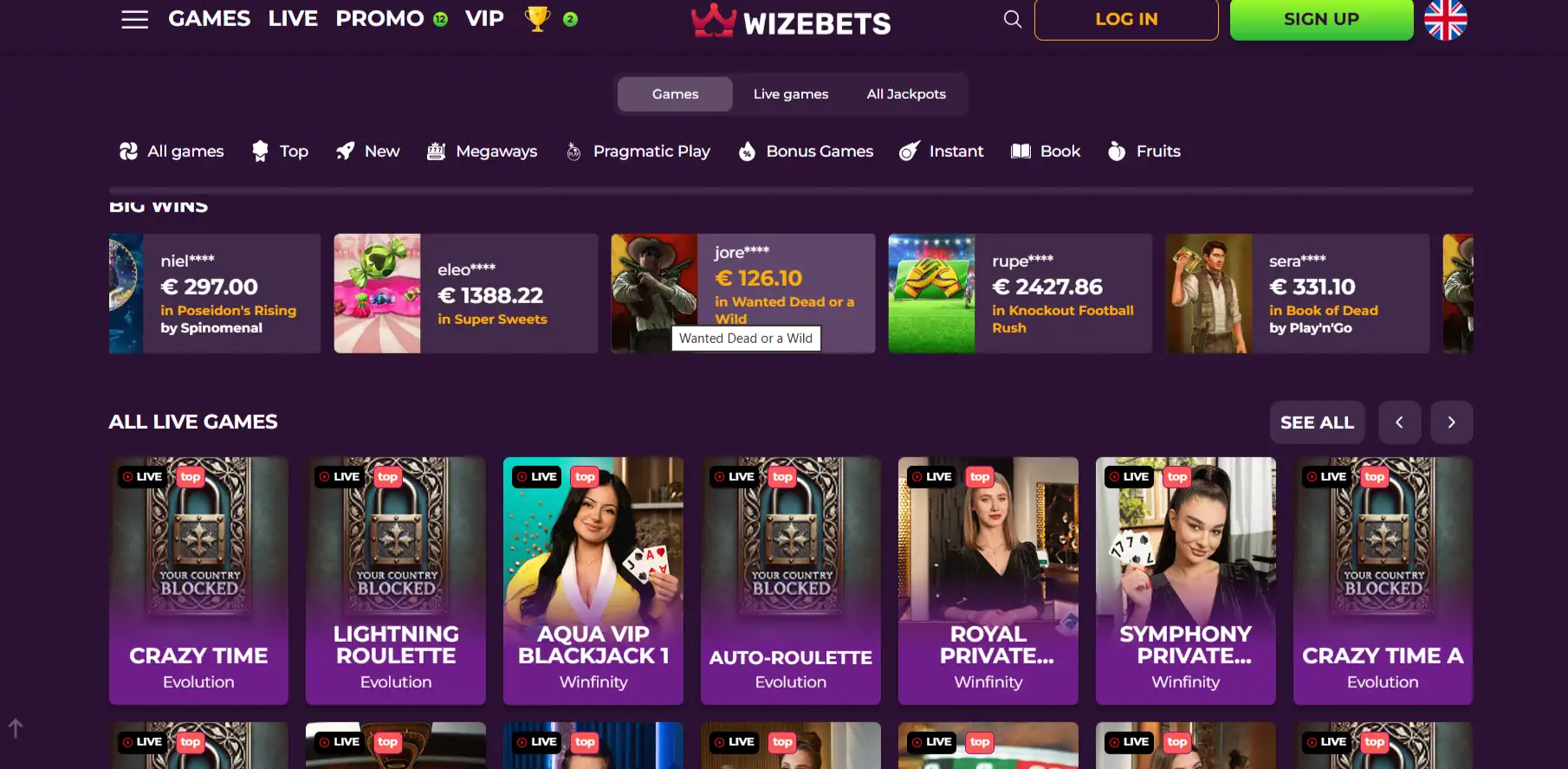 Actuele Wizebets-spellenlobby met zichtbare spelcategorieën en providers