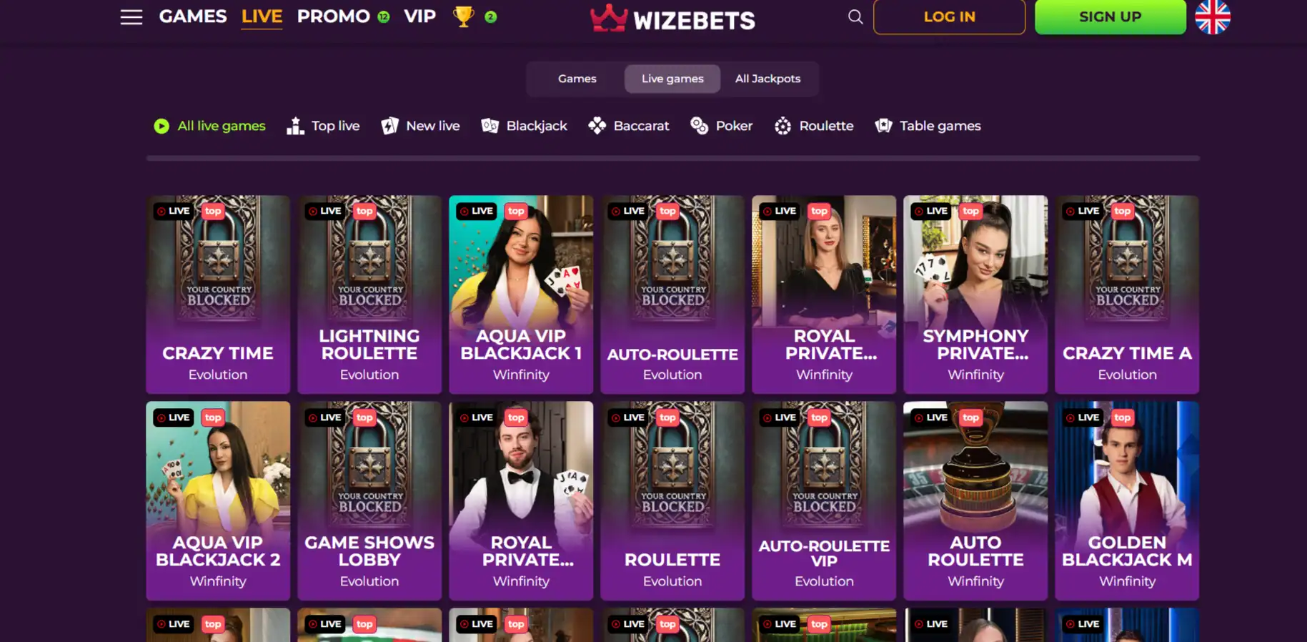 Actuele Wizebets live-casino lobby met zichtbare live spellen en navigatie