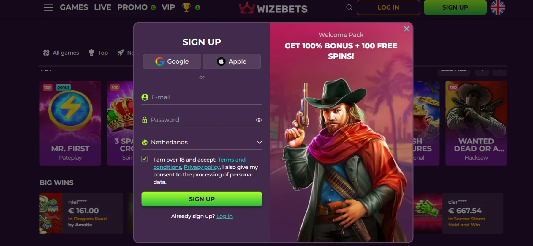 Actuele Wizebets registratie- of verificatie-interface
