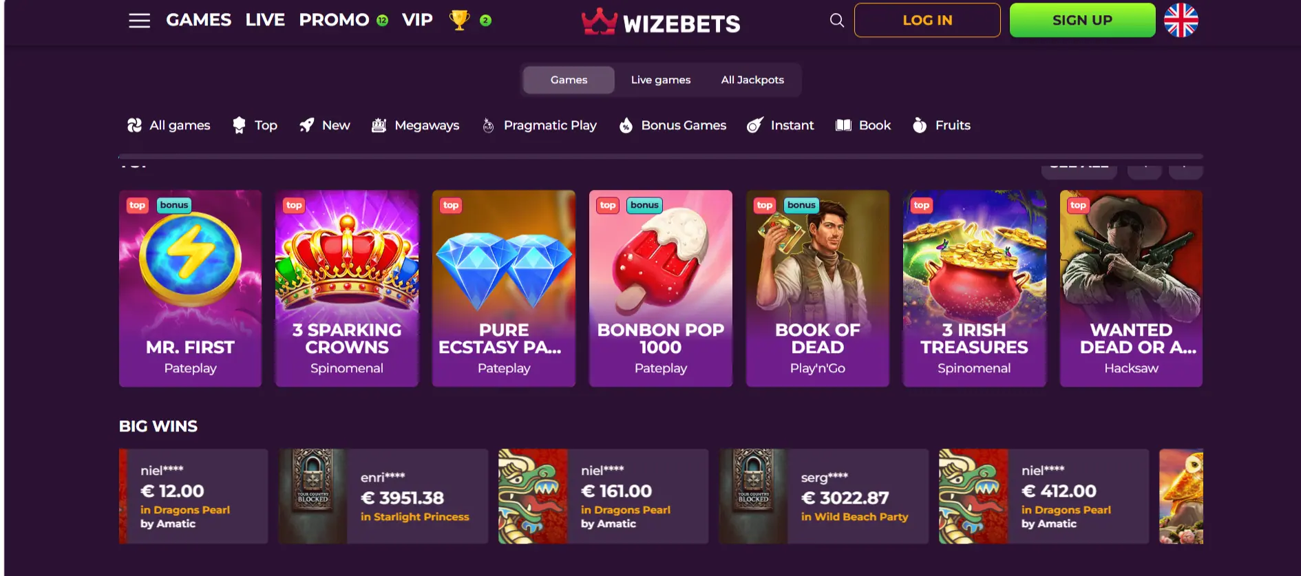 Actuele Wizebets-interface op een mobiel scherm